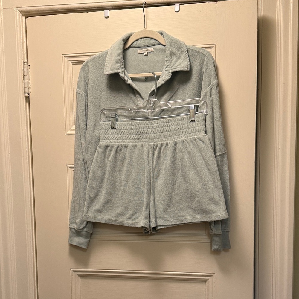 Z Supply Pale Green Terry Sweatshirt and Shorts Set